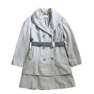 Calvin Klein | Heather Gray Dress Coat Big Buttons Patent Leather Belt Size 10